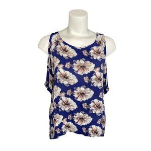 ONE CLOTHING Blue Pink Floral Cold Shoulder Rayon‎ Top sz Small